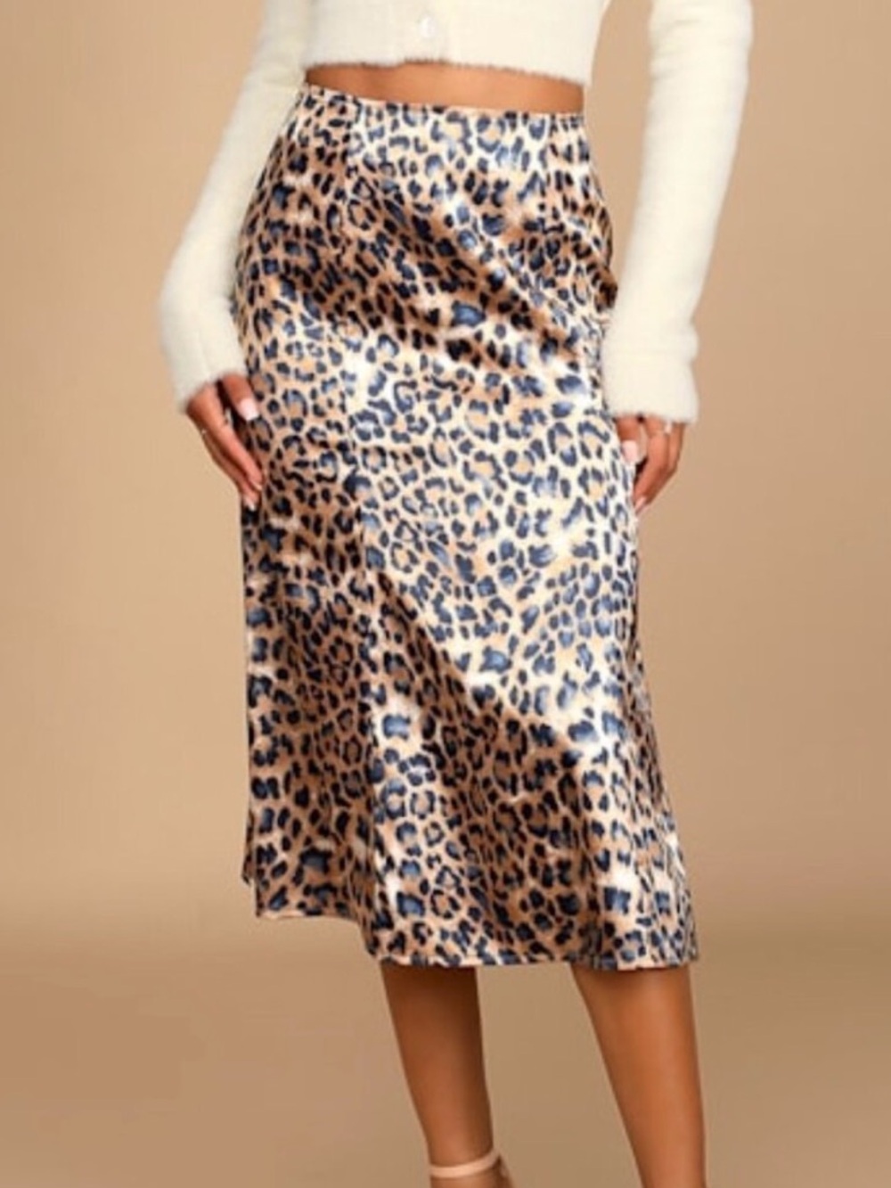 Lulus Global Icon Tan and Navy Blue Leopard Print Satin Midi Skirt